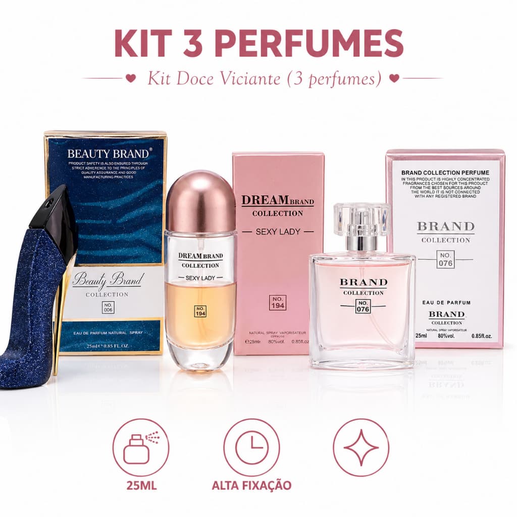 Kit 3 Perfumes Femininos Doce Viciante 25ml | Alta Fixação | Miniaturas Inspiradas em Importados