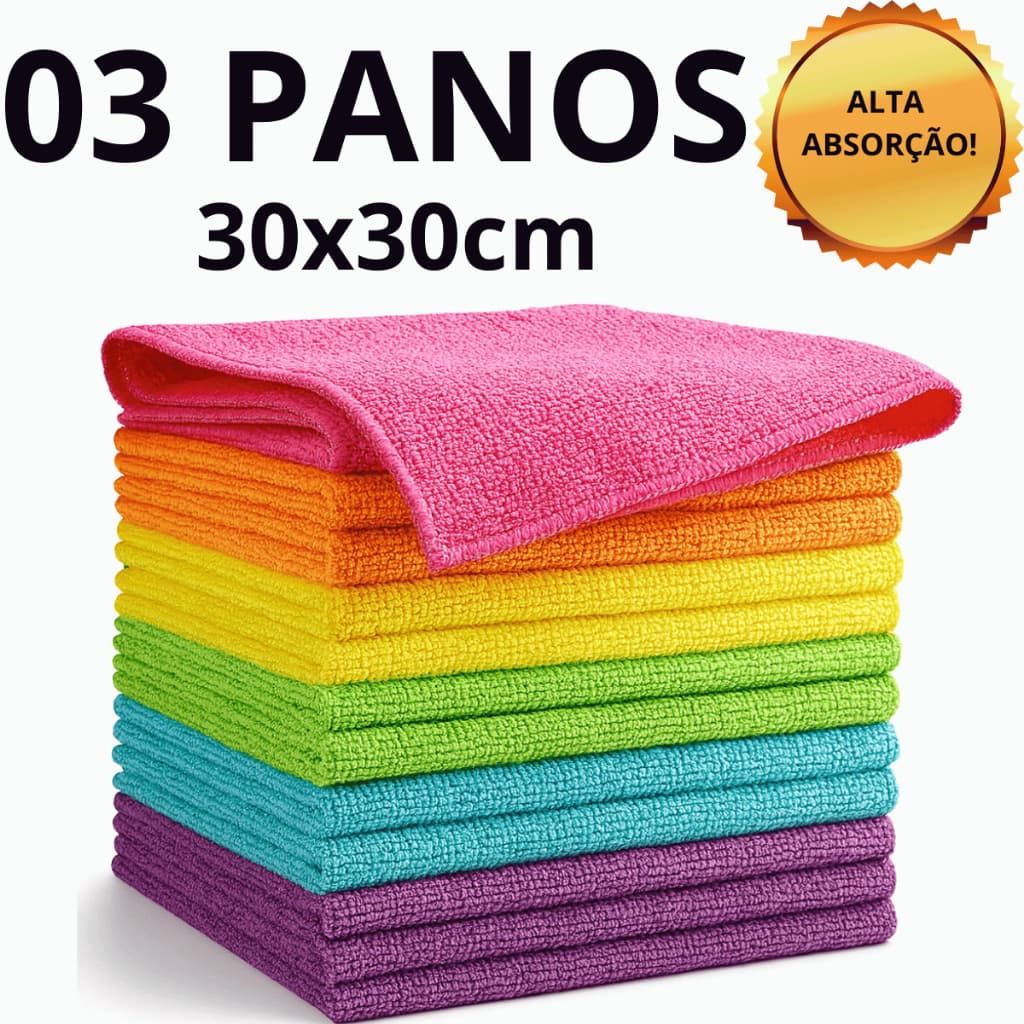 Panos de limpeza microfibra KIT 03 UNIDADES flanela alta absorção 30x30 multiuso casa cozinha carro vidro LIMPEZA GERAL