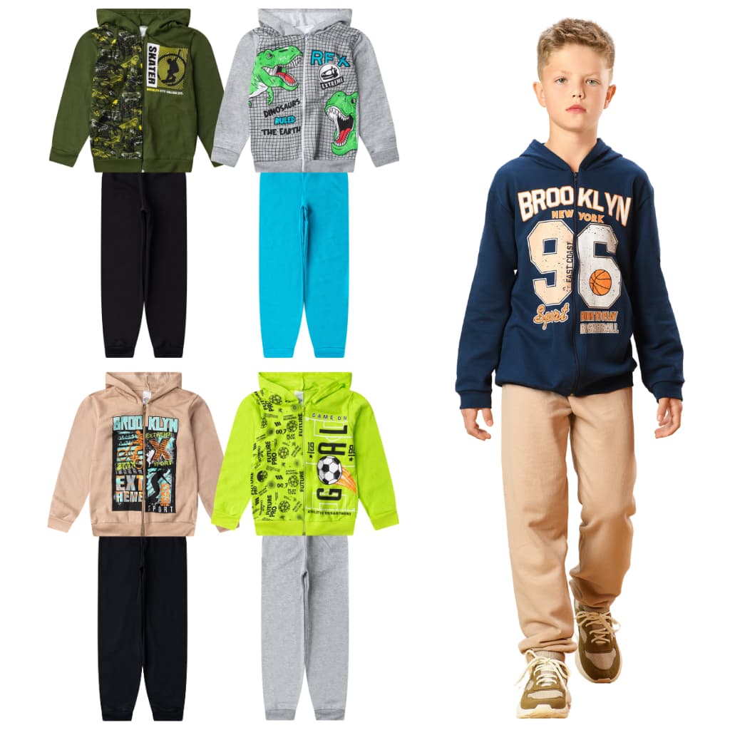 Kit 4 Peças Moletom Infantil Menino Inverno Conjunto 1 ao 14 masculino manga longa com Zíper e Capuz