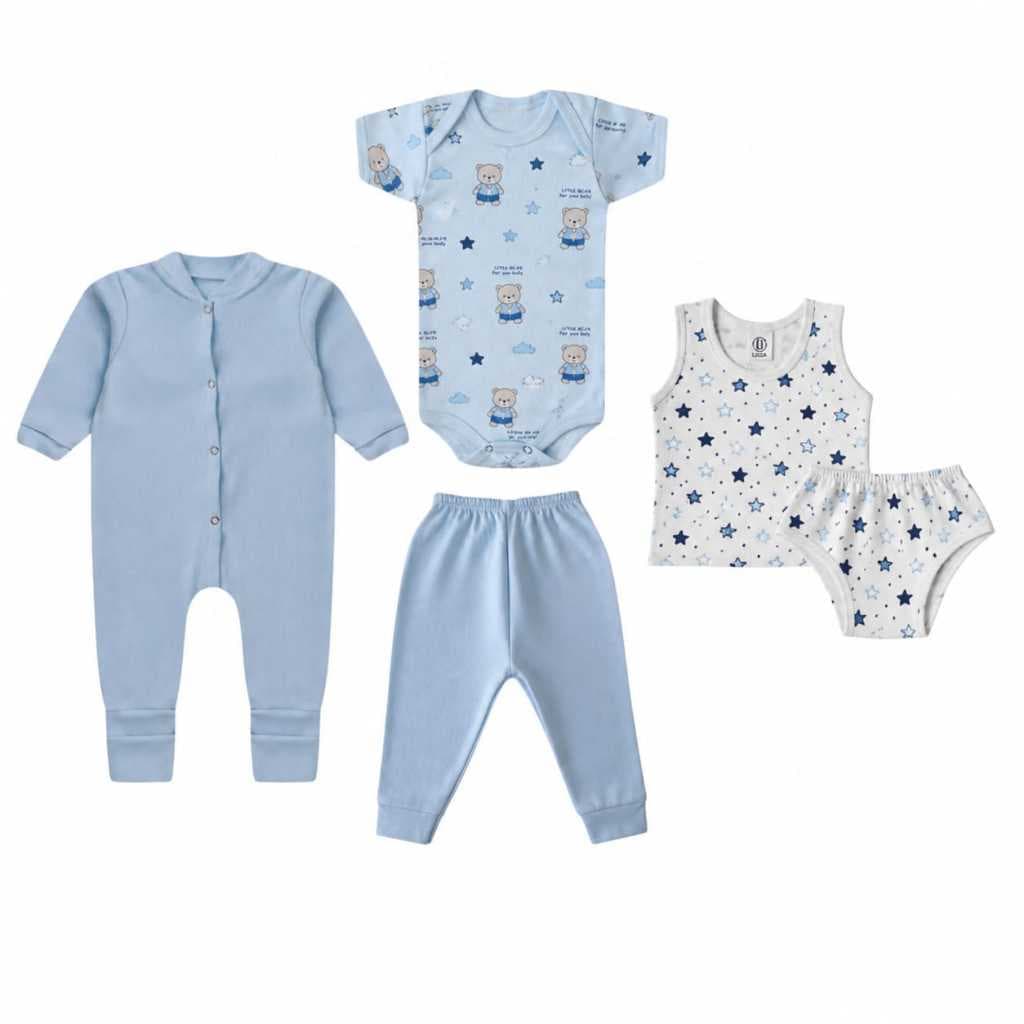 KIT 5 PEÇAS - ENXOVAL DE BEBE MACACÃO BODY CALÇA REGATA TAPA FRALDA