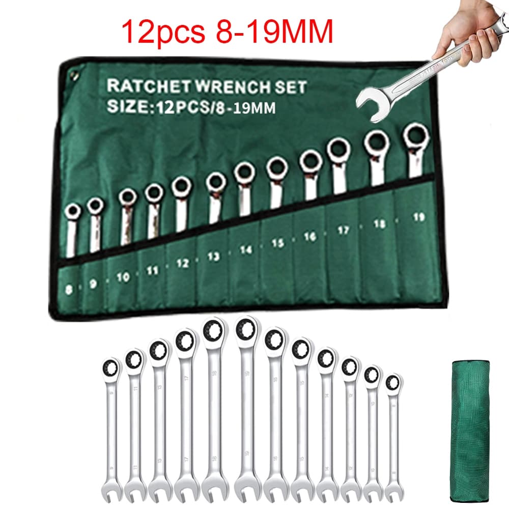 Back Field Jogo de Chaves Combinadas com Catraca 2 em 1 – 12 Peças de 8 a 19mm