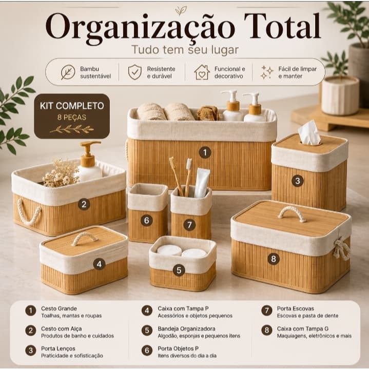 Kit 3 Cestos Organizadores em Bambu Maison Bamboo Organizador Multiuso Decorativo Casa Banheiro Closet