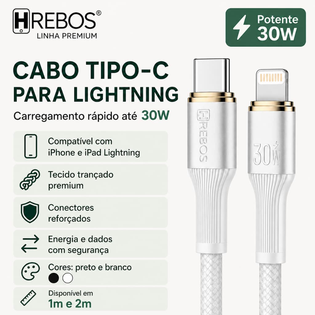 Cabo Tipo C para Lightning Hrebos 30W Turbo Carregamento Rápido Trançado Reforçado 1m 2m 3m