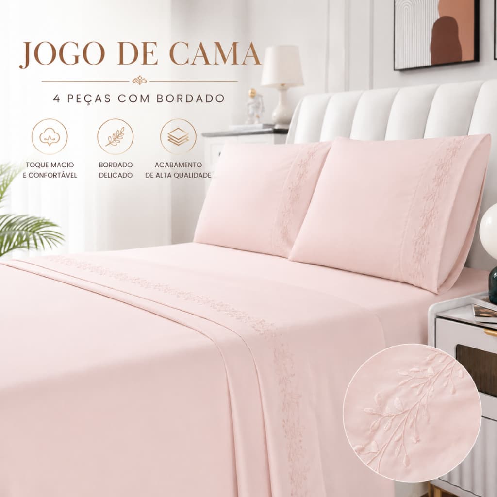Jogo de Cama 4 Peças Delicata Bordado Lençol c/ elástico, Sobre Lençol, 2 Fronhas 300 Fios Casal, Queen, King