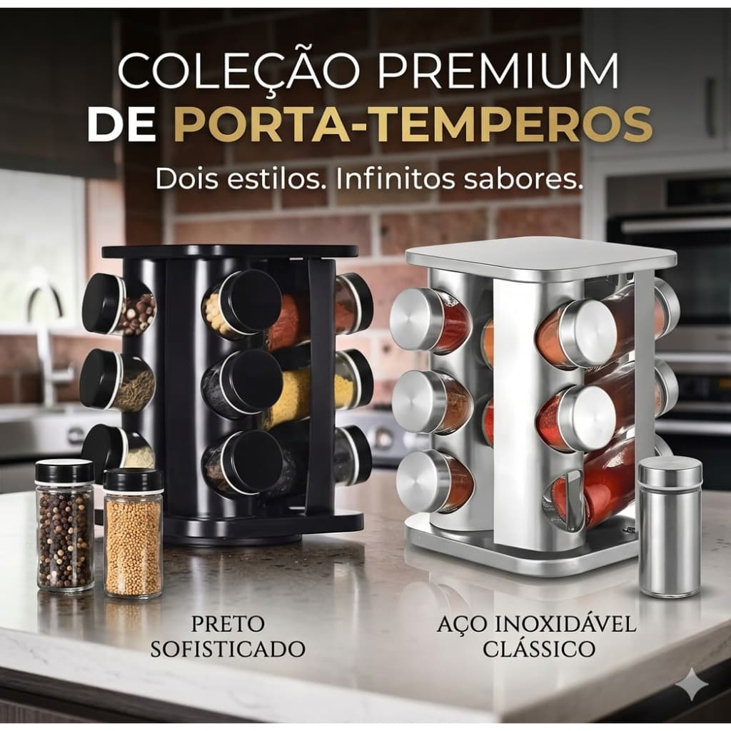 Porta Tempero Condimentos Giratório Premium 12 Potes de Vidro Design Moderno para Cozinha - Quadrado