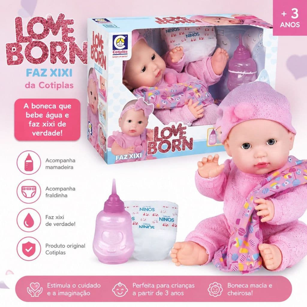 Boneca Bebe Reborn Love Born abre e fecha os olhinhos faz Xixi com Naninha, Fraldinha e Mamadeira