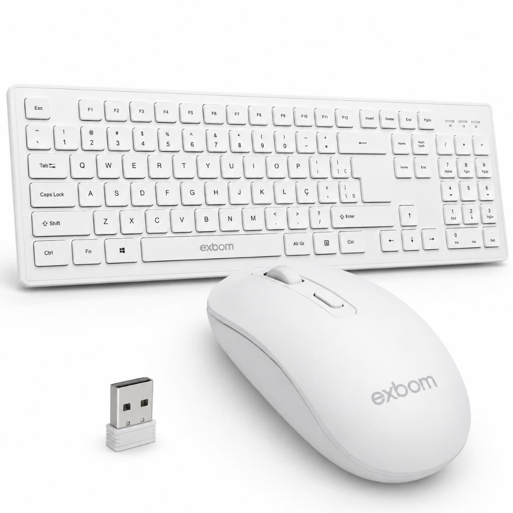 Kit Teclado Mouse Sem Fio Branco ABNT2 USB Slim Silencioso PC Notebook Home Office PLUG AND PLAY EXBOM