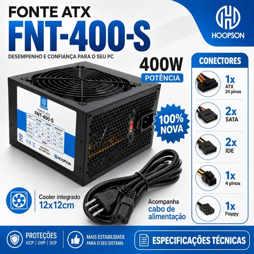 Fonte ATX 400W Real Bivolt Silenciosa para PC Gamer, Escritório e Desktop - Alta Performance