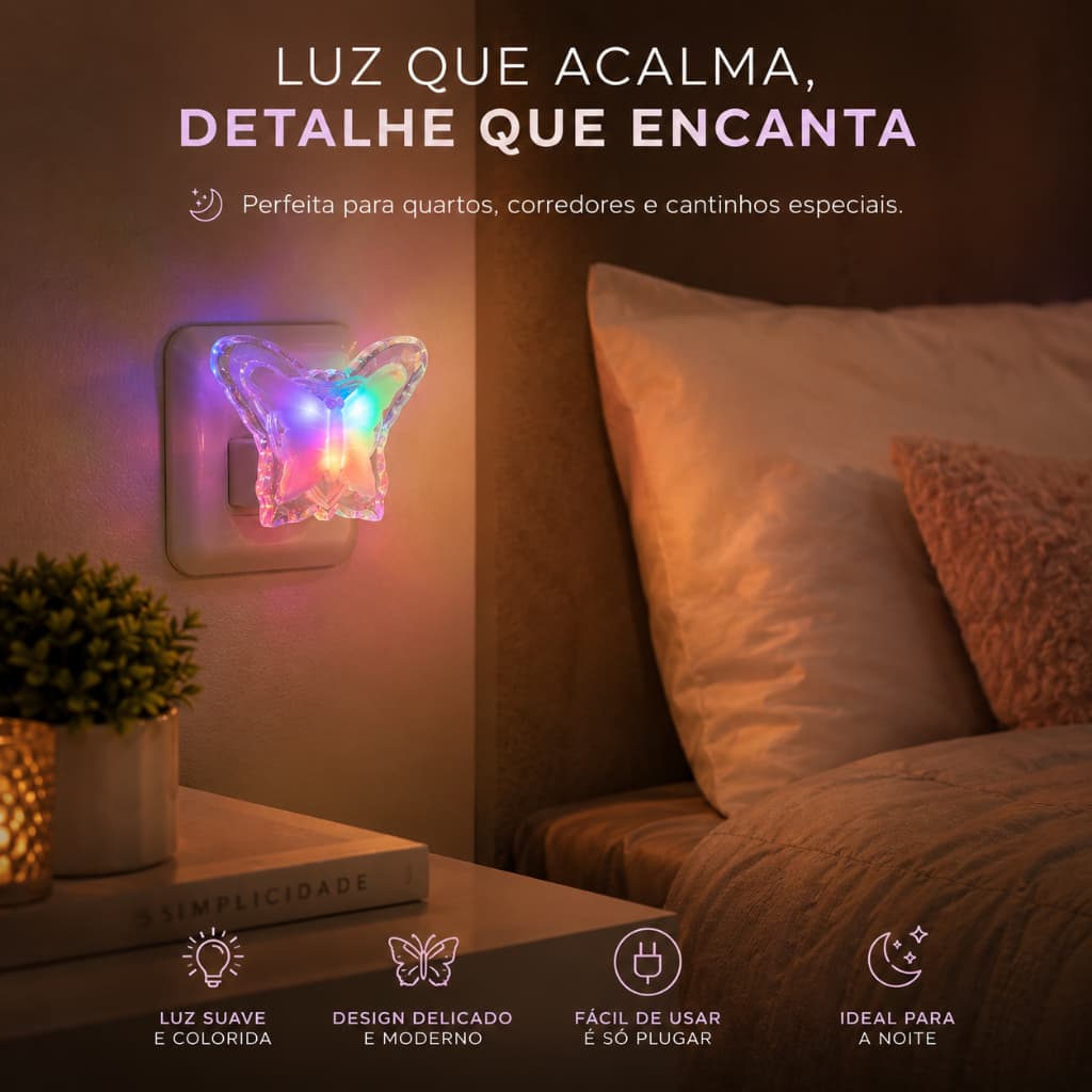 Luminária LED Borboleta Rosa Sol Colorida Tomada Luz Noturna Abajur Infantil Decoração Quarto Bivolt