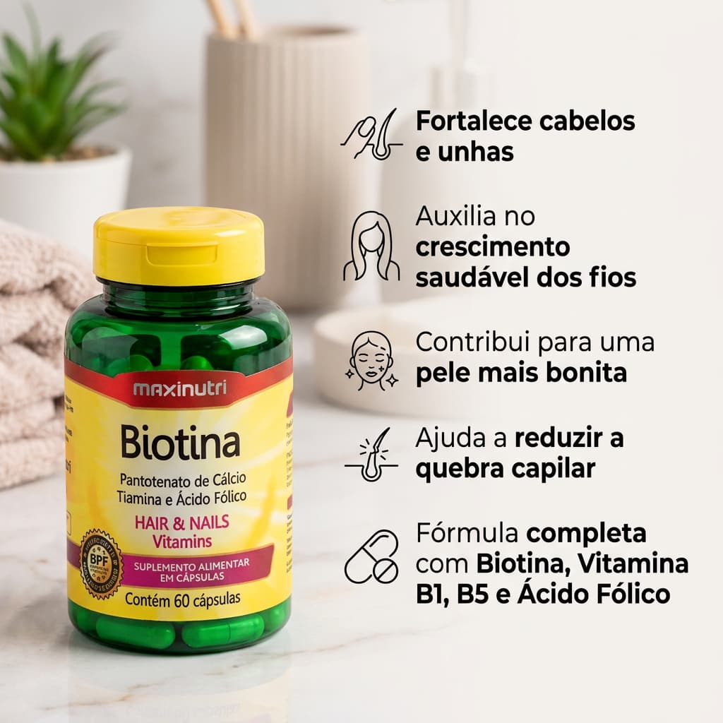 Biotina Maxinutri Vitaminas B1 B5 Acido Fólico 60 Cápsulas Suplemento Fortalece Unhas Cabelo Pele Manutenção Capilar