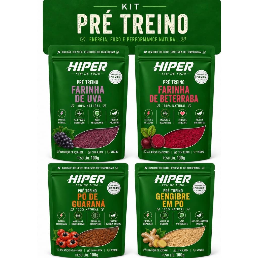 Pré Treino Natural Em Pó Uva, Beterraba, Guaraná E Gengibre 100g cada