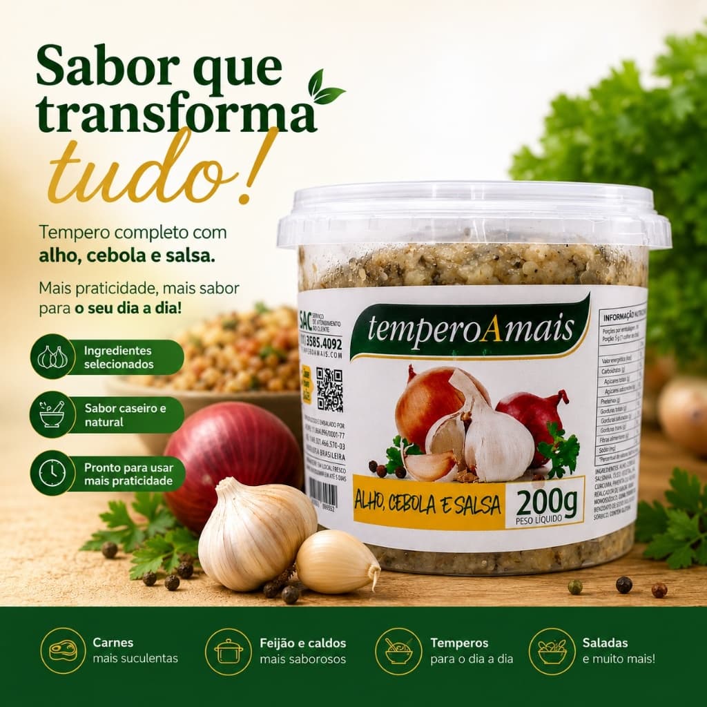 Pote Alho, Cebola e Salsa 200g  Pote Tempero Condimento Cozinha Churrasco Pronto para uso