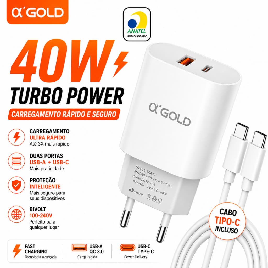 Carregador Turbo 40W USB-C + USB Fast Charge com Cabo Tipo-C