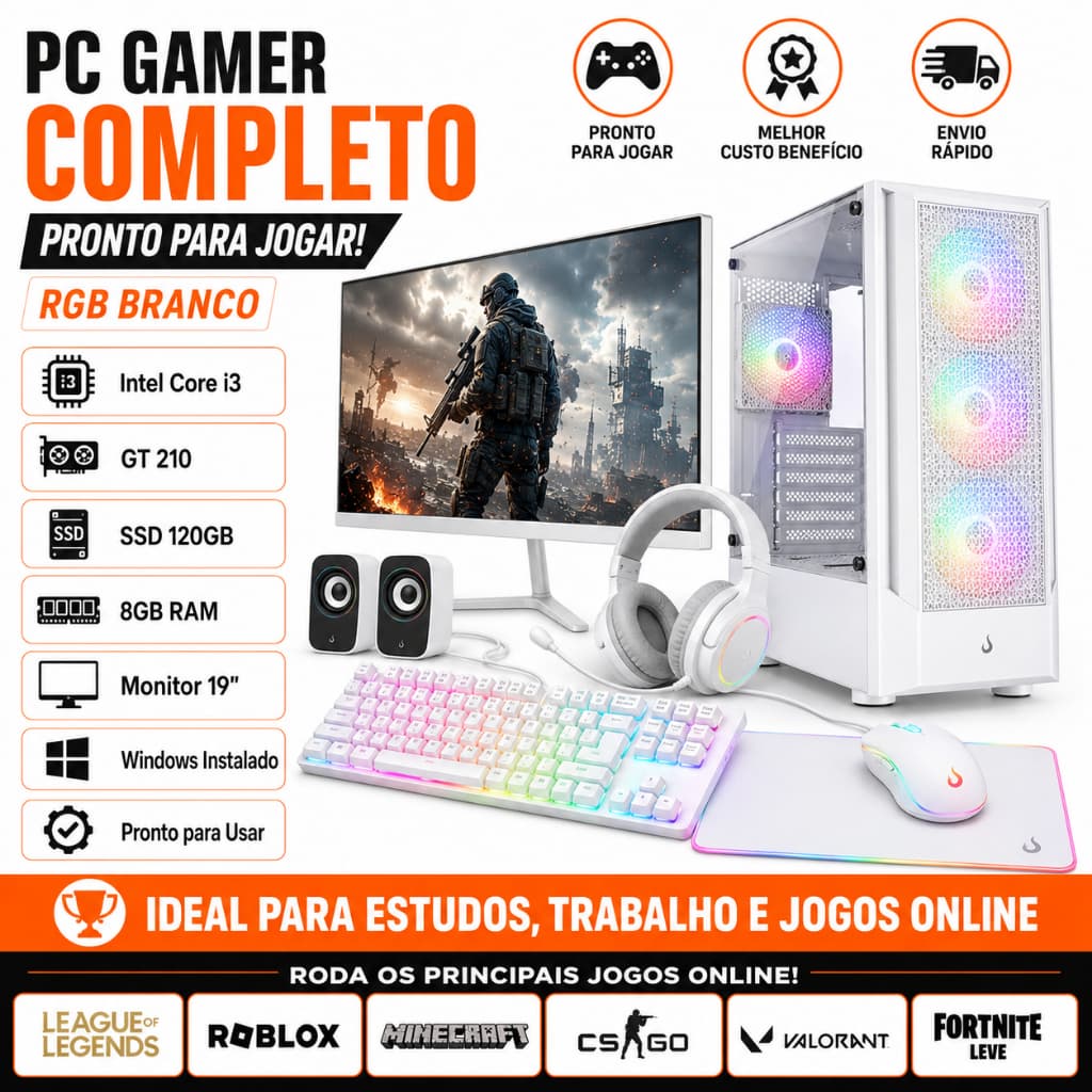 PC Gamer Completo i3 GT 210 SSD 120GB RGB Branco Jogos Online Monitor 19 Windows