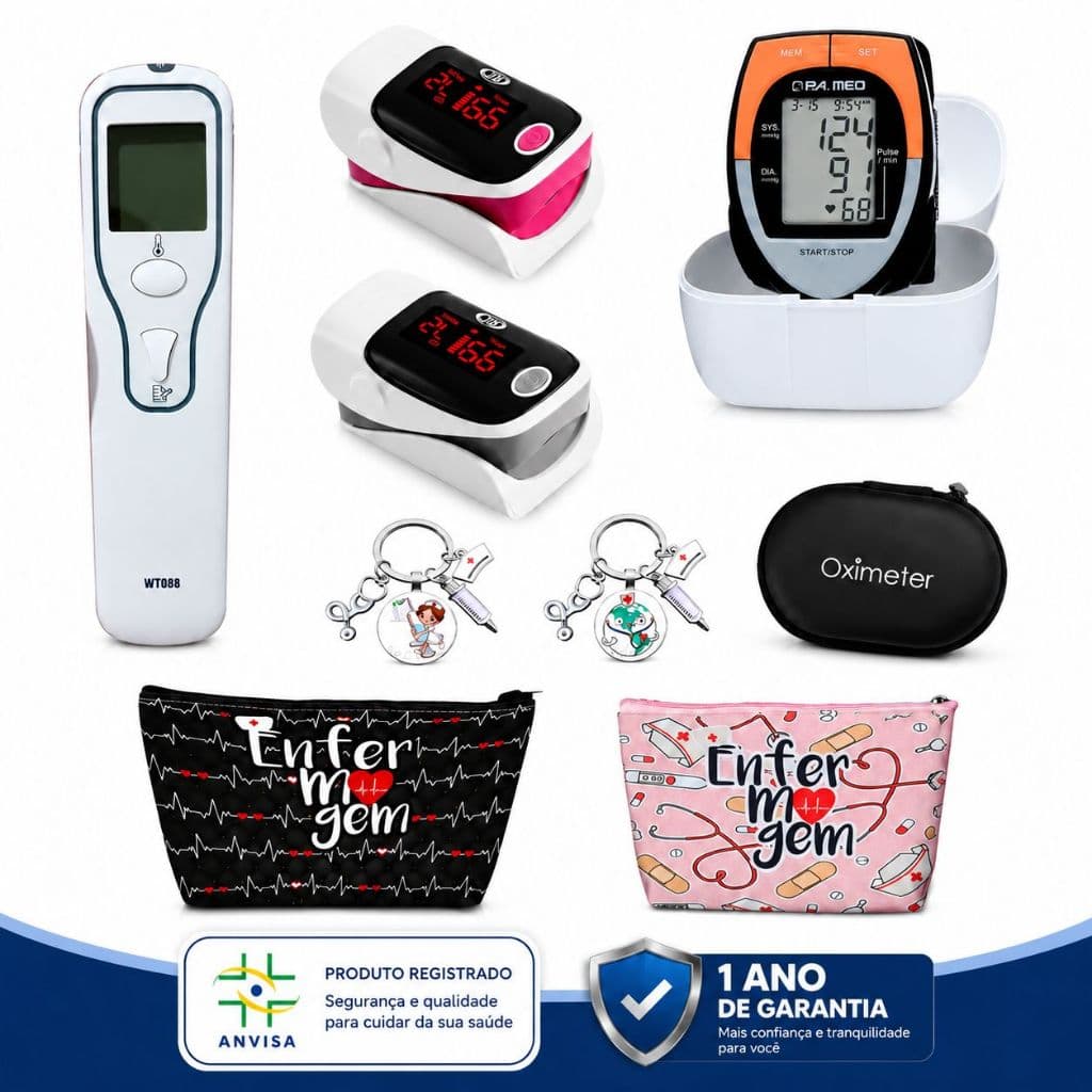 Kit Saúde Aparelho Pressão Digital PAMED + Oxímetro BIC Adulto Pediátrico + Termômetro