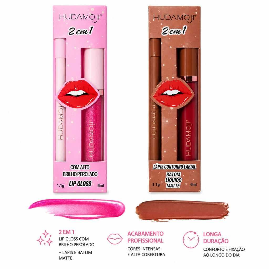 Kit 2 em 1 Batom Líquido Matte + Lápis Labial de Contorno Hudamoji SS-027C e ss-027B