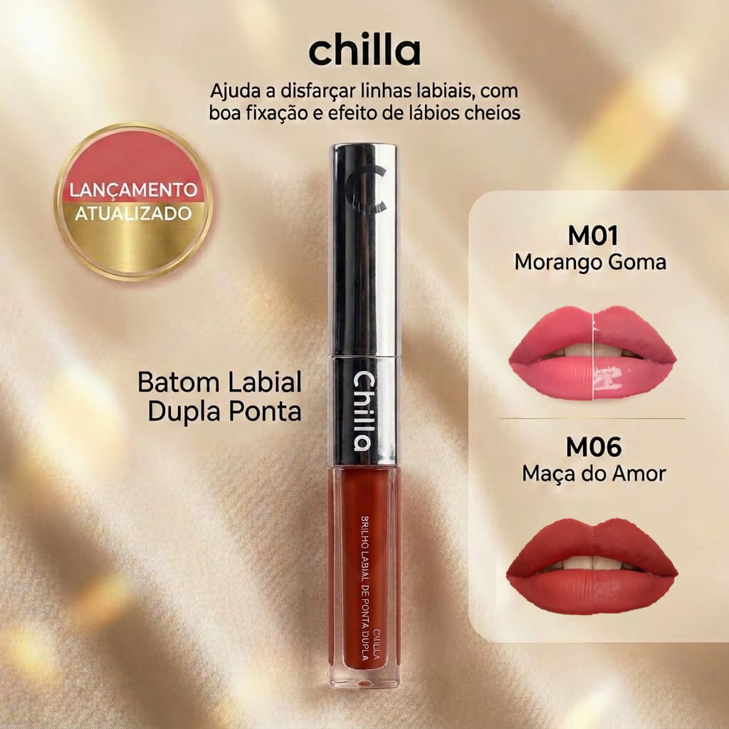 Chilla 6 Cores Batom Líquido Duo3D-Matte de Um Lado e Brilho do Outro, Longa Duração, À Prova D'água