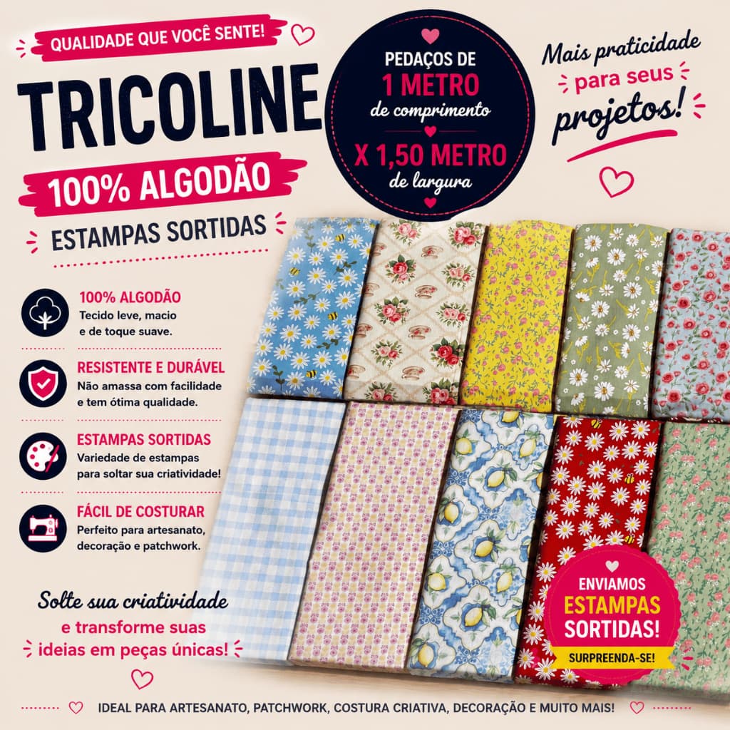 Tecido Tricoline 100% Algodão kit – Costura, Patchwork, Artesanato | Toque Macio e Alta Qualidade
