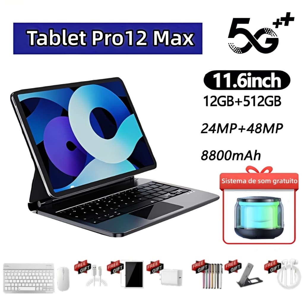 [Caixa de teclado de mouse gratis]Pro12 Max  11,6 polegadas 16 GB + 512 GB  8.800 mAh Android 15 Tablet para estudo e jo