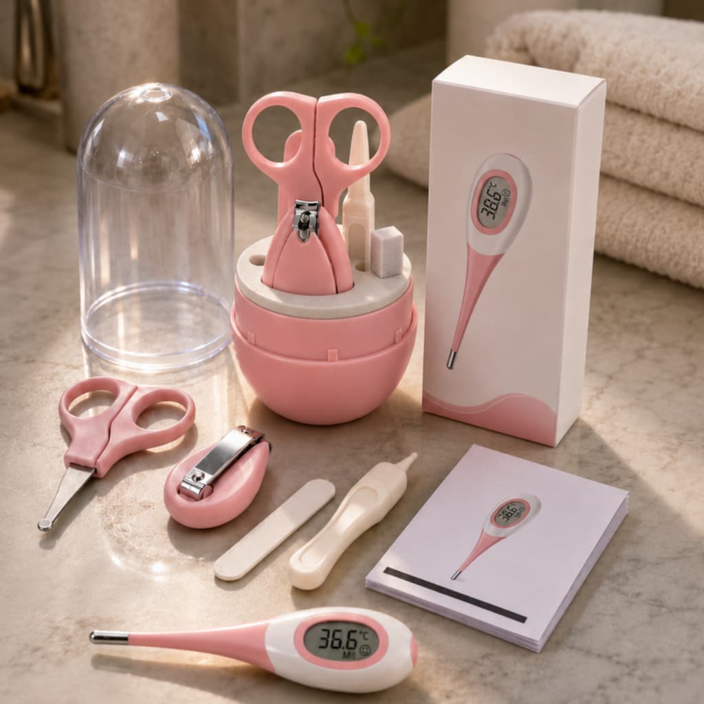 Kit Termômetro Digital + Higiene Bebê Tesoura Cortador unhas Lixa Pinça Manicure Enxoval Portatil