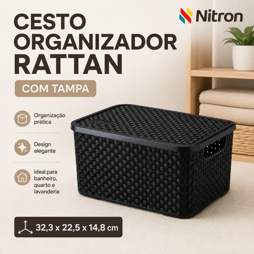 Cesto Organizador Multiuso Médio 8l C/ Tampa Nitron Cor Preto Caixa Organizadora Plástica Resistente Ideal Banheiro