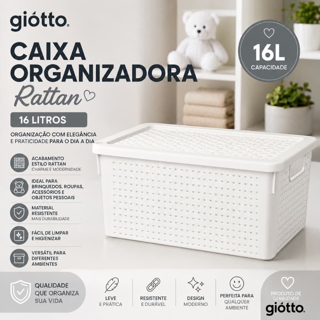 Caixa Organizadora Rattan 16 Litros Branca Cesto Multiuso Organização Banheiro Quarto Giotto