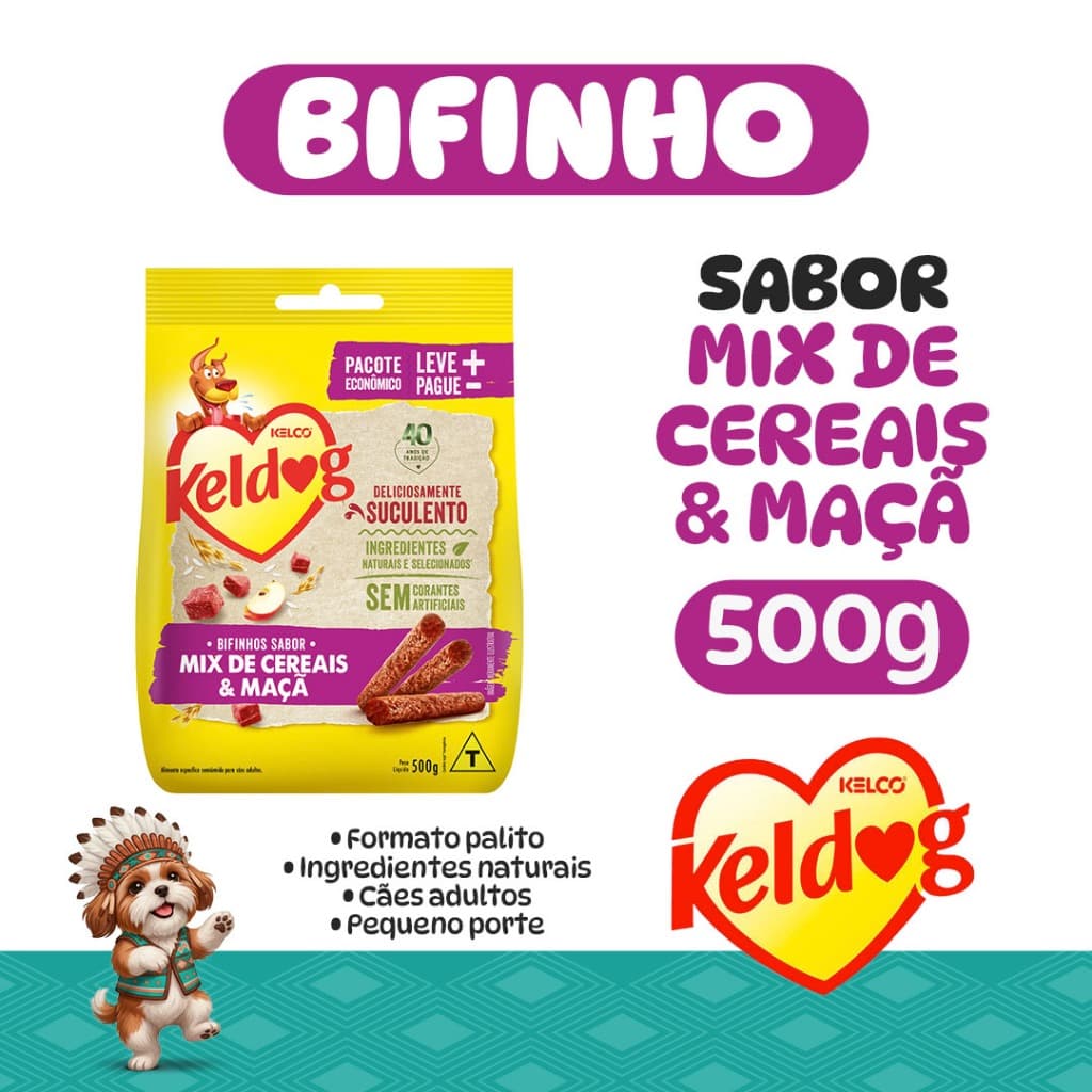 Bifinho Petisco Cães Adultos Sabor Mix Cereais Maçã Todas Raças Keldog Palito Natural Snack