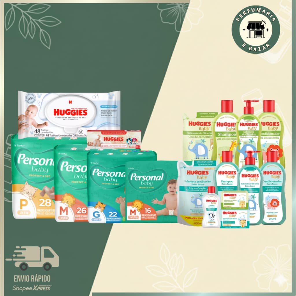 Super Combo Chá de Bebê Huggies -  Extra Suave E Camomila Com Fraldas Personal.