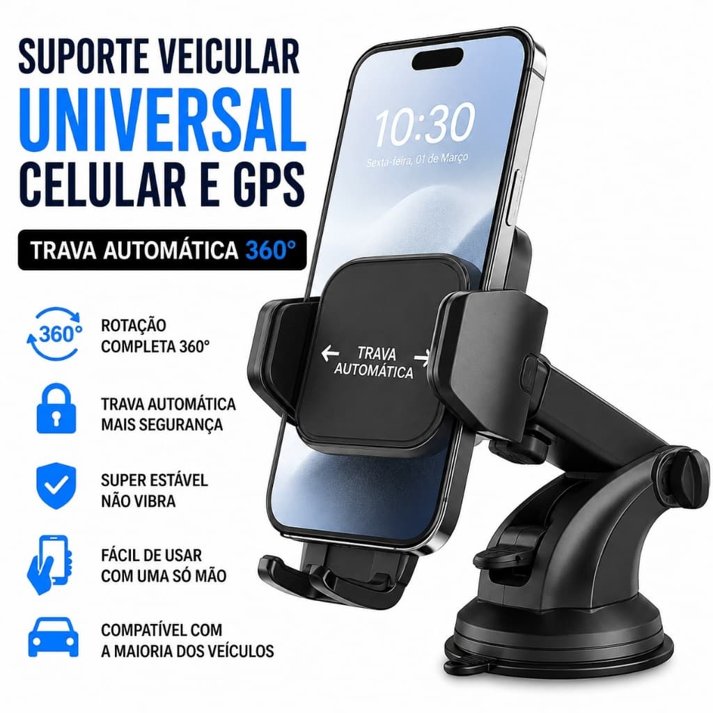 Suporte Veicular Universal Celular e GPS Trava Automática 360° Ajustável Ventosa Silicone Para Carro