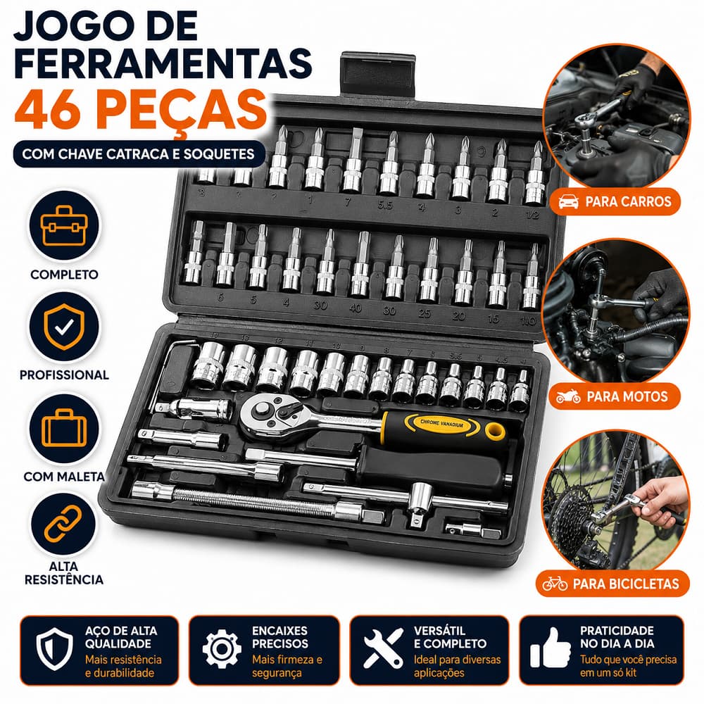 Jogo De Ferramentas 46 Peças Completo Chave Catraca E Soquetes Kit Reparo Profissional + Maleta