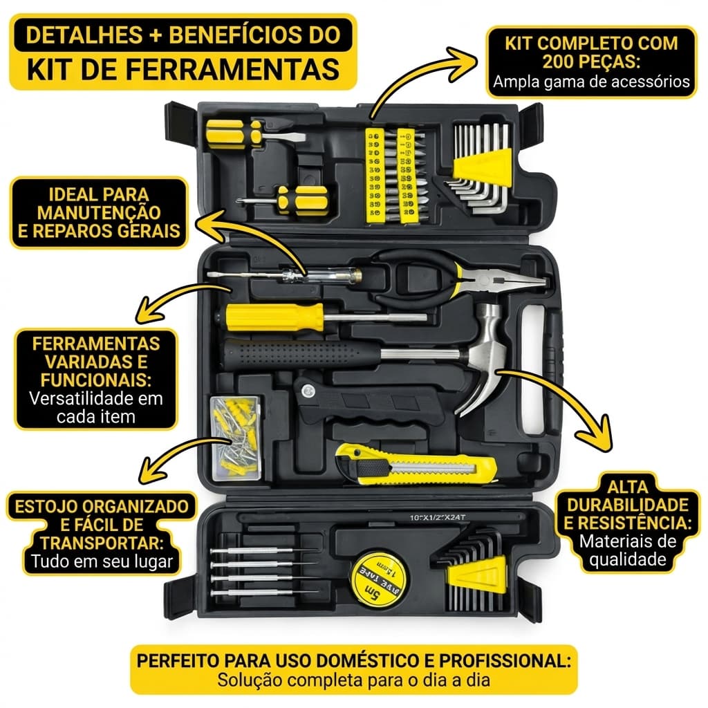 Kit Completo 200 Peças Jogo Ferramentas Startools Com Maleta Organizadora Uso Profissional Doméstico