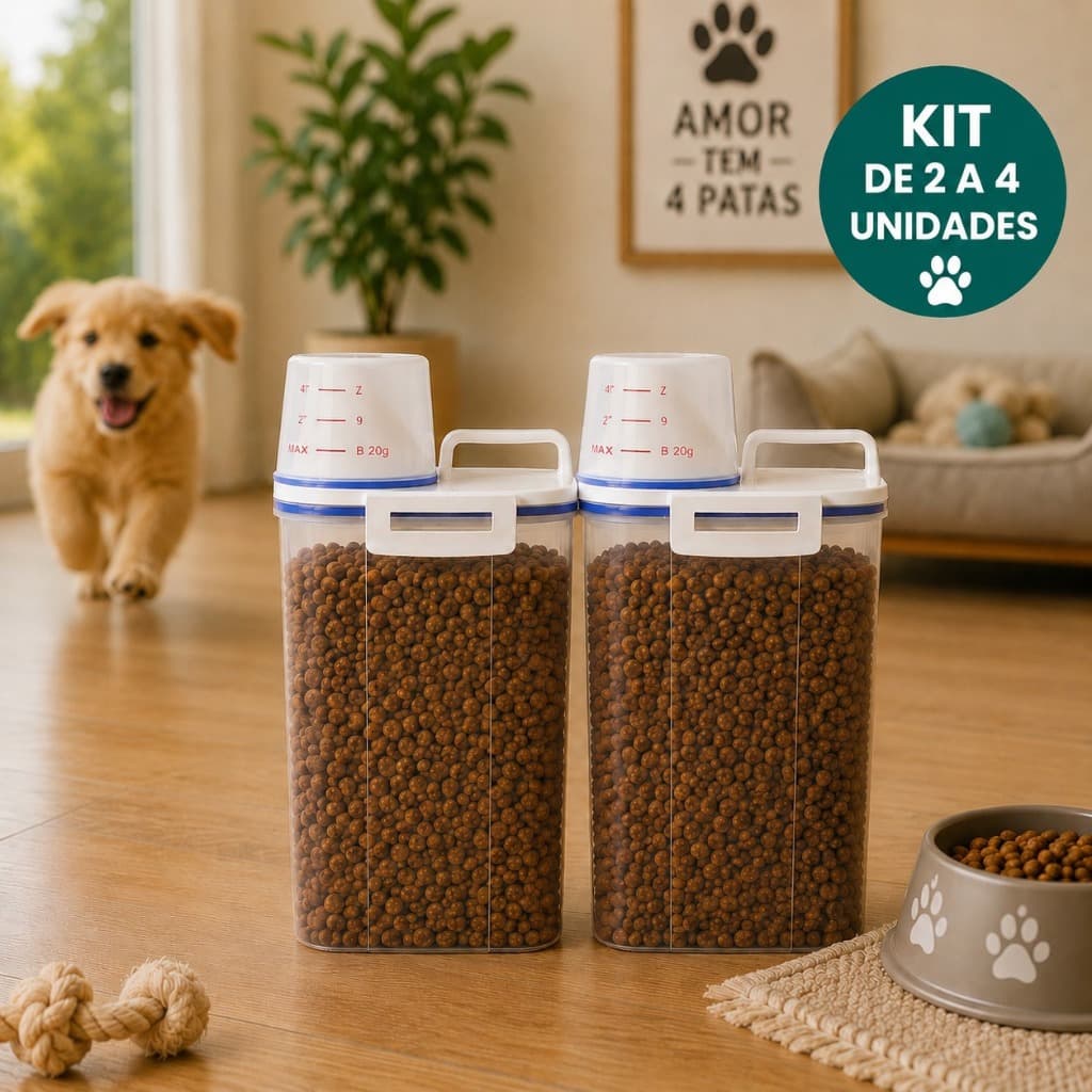 Kit 2 a 4  Potes de Ração Dispenser Herméticos 2L Para Pet Cachorro Gato Com Vedação e Copo Medidor -Conservação Premium