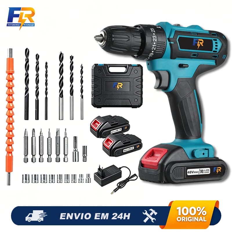 Furadeira Parafusadeira de Impacto 48V Sem Fio 3 Funções 2 Bateriaspara Marcenaria Kit Completa Profissional