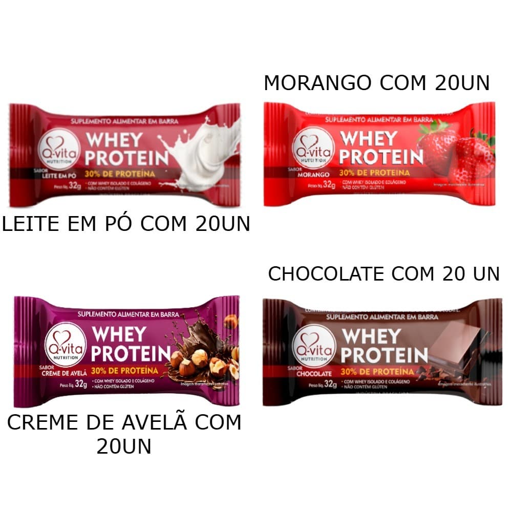 Barra Whey Protein Chocolate, morango, creme de avela, leite em pó Qvita Bar 32g (20 Unidades)