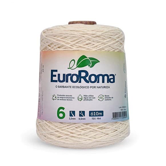Kit -3 Barbantes Euroroma, n6, cor cru, 600g, para seu Crochê, Macramê, Tricô e artesanato em geral!