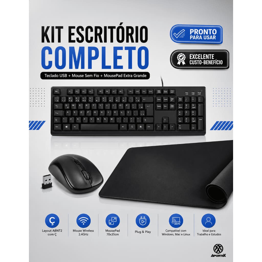 Kit Escritório Home Office Teclado USB ABNT2 Mouse Sem Fio Mousepad 70x35cm Grande Aportex