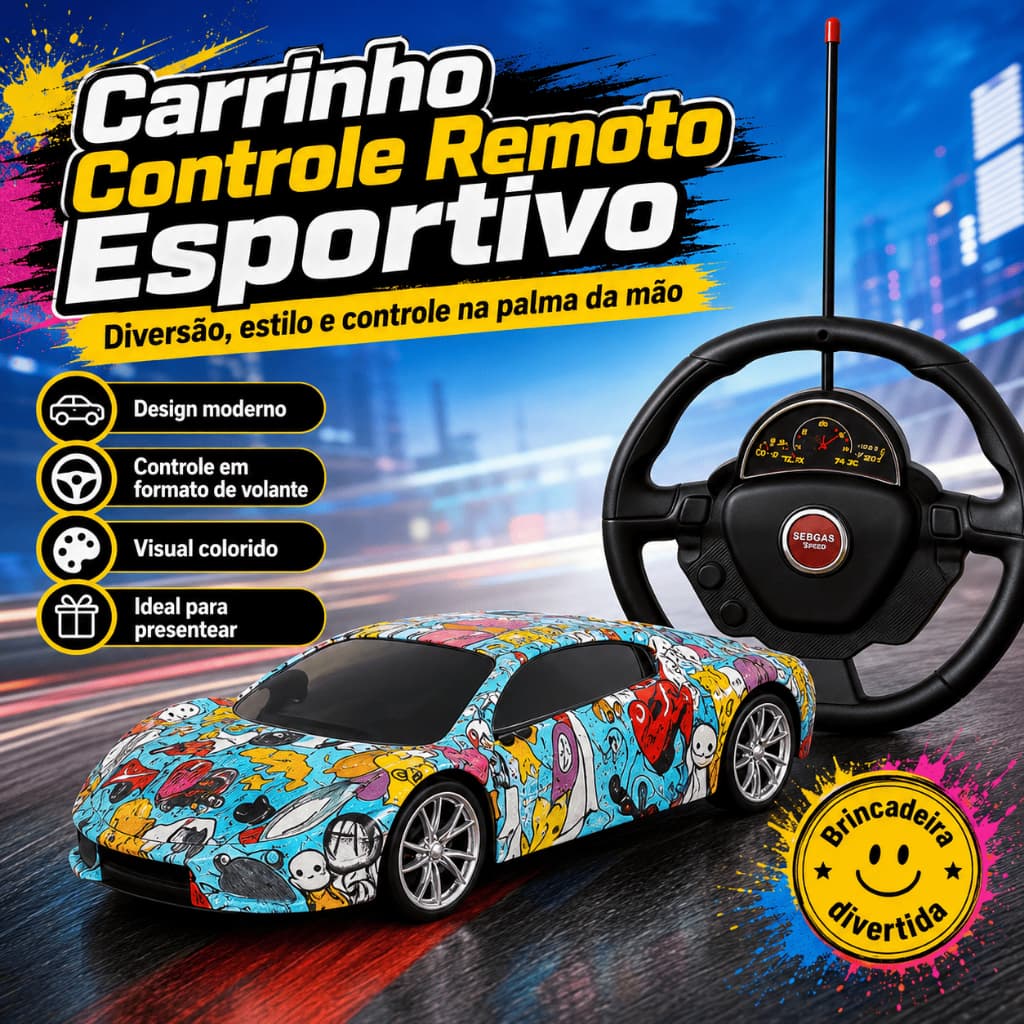 Carro Controle Remoto Infantil Estampado com Controle Volante Carrinho Esportivo Presente