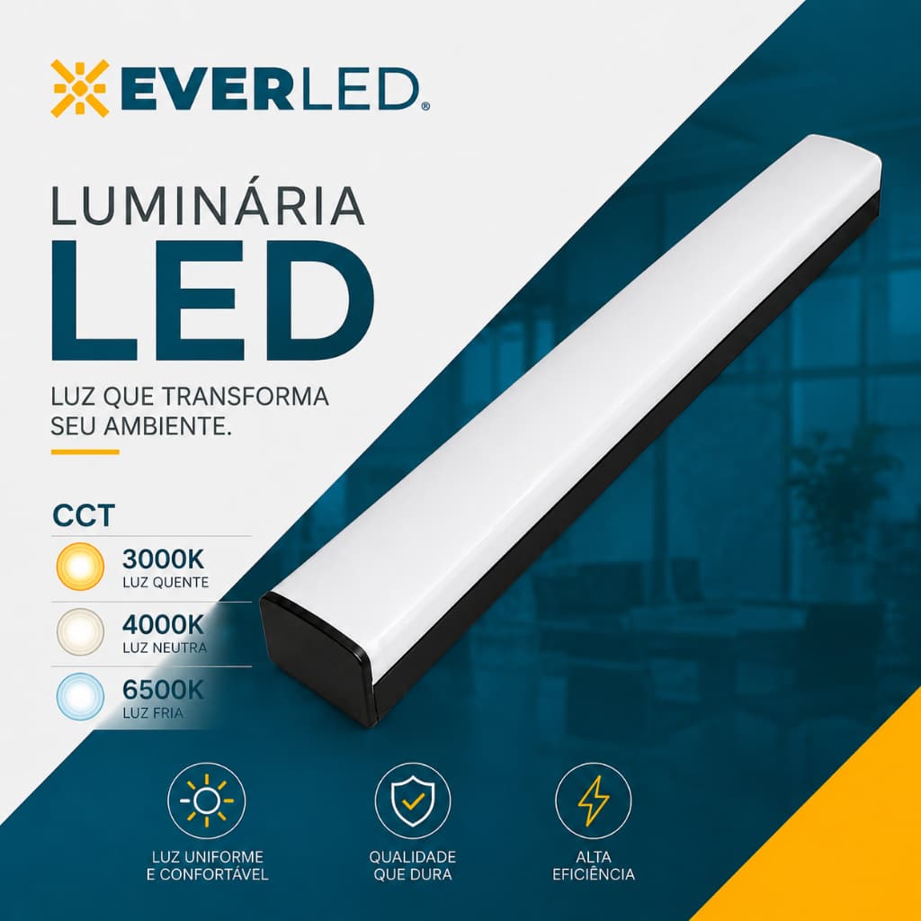 Luminária LED Linear 64W Sobrepor ou Pendente CCT 3 Temperaturas 120x6cm Bivolt Moderna