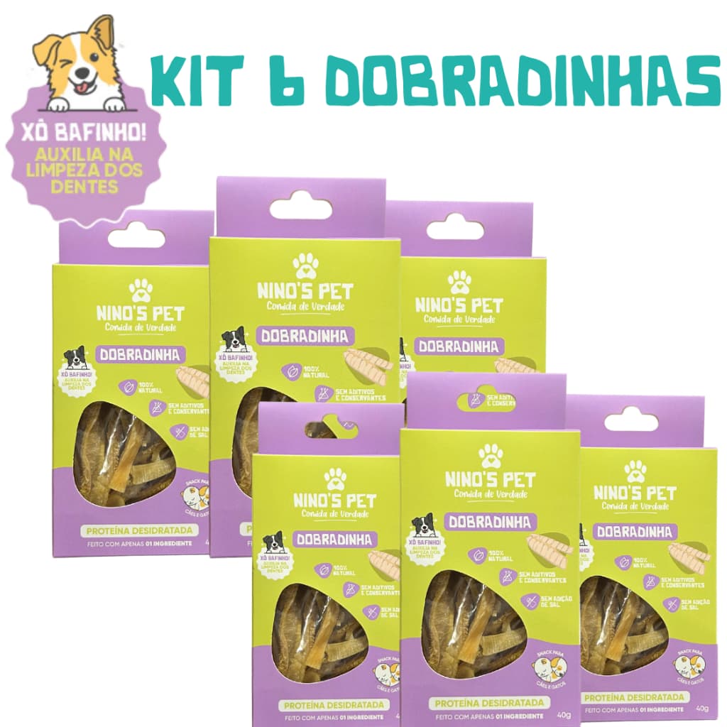 Kit 6 Dobradinha Desidratada Petisco Natural para Cães Snack Mastigável Saudável Xô Bafinho Ninos Pet