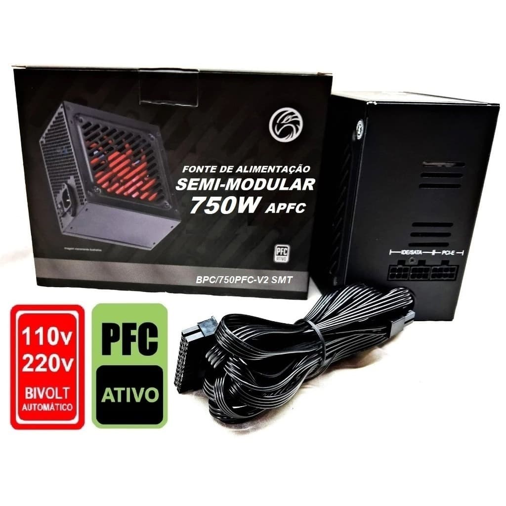Fonte 750w PFC SEMI MODULAR BIVOLT AUTOMÁTICO 2x Pci-e 8 Pinos 6+2 Pl Vídeo Silenciosa real ativo