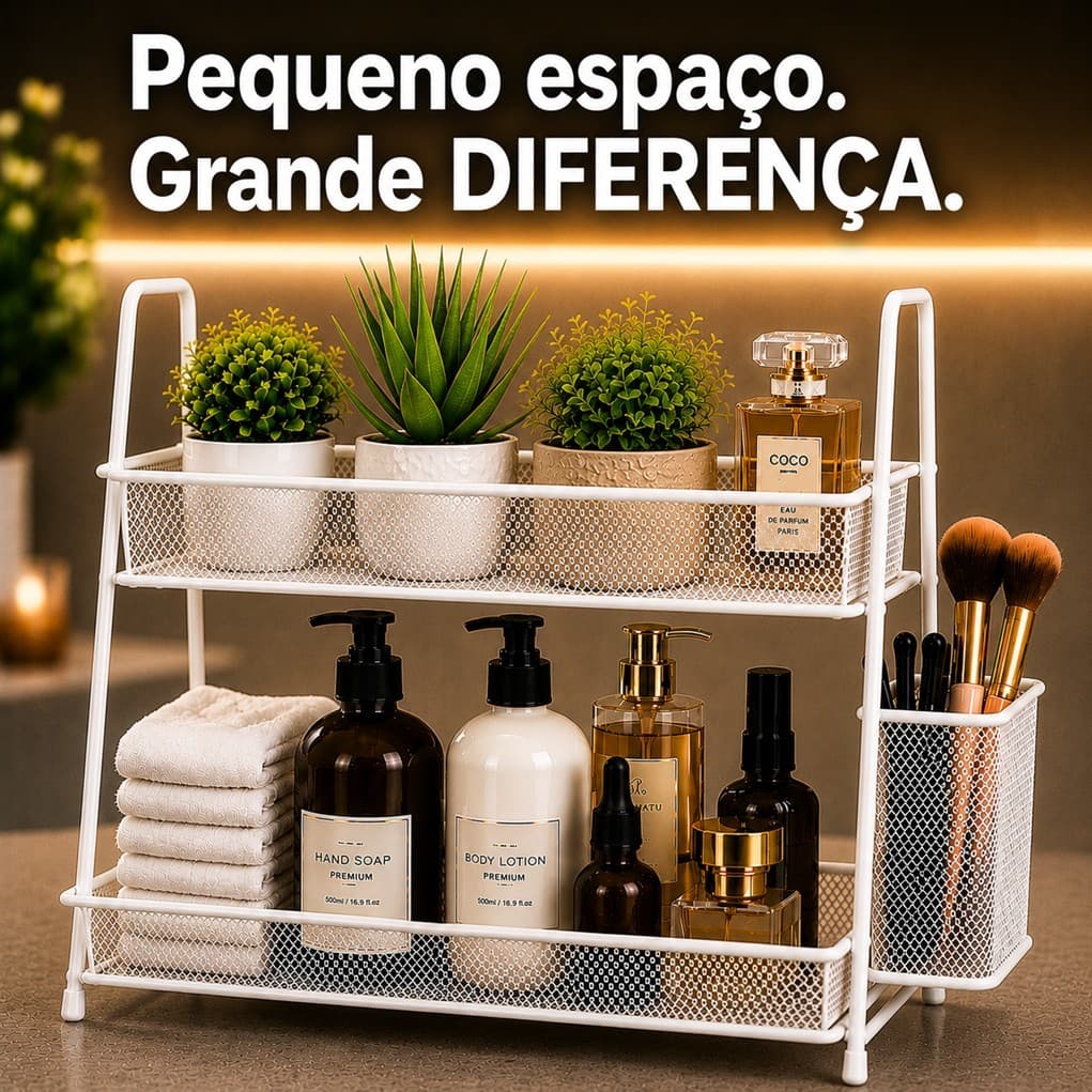 Prateleira Organizadora Dupla Estante de Mesa Aramado c/ Cesto Lateral | Cozinha Banheiro Escritório