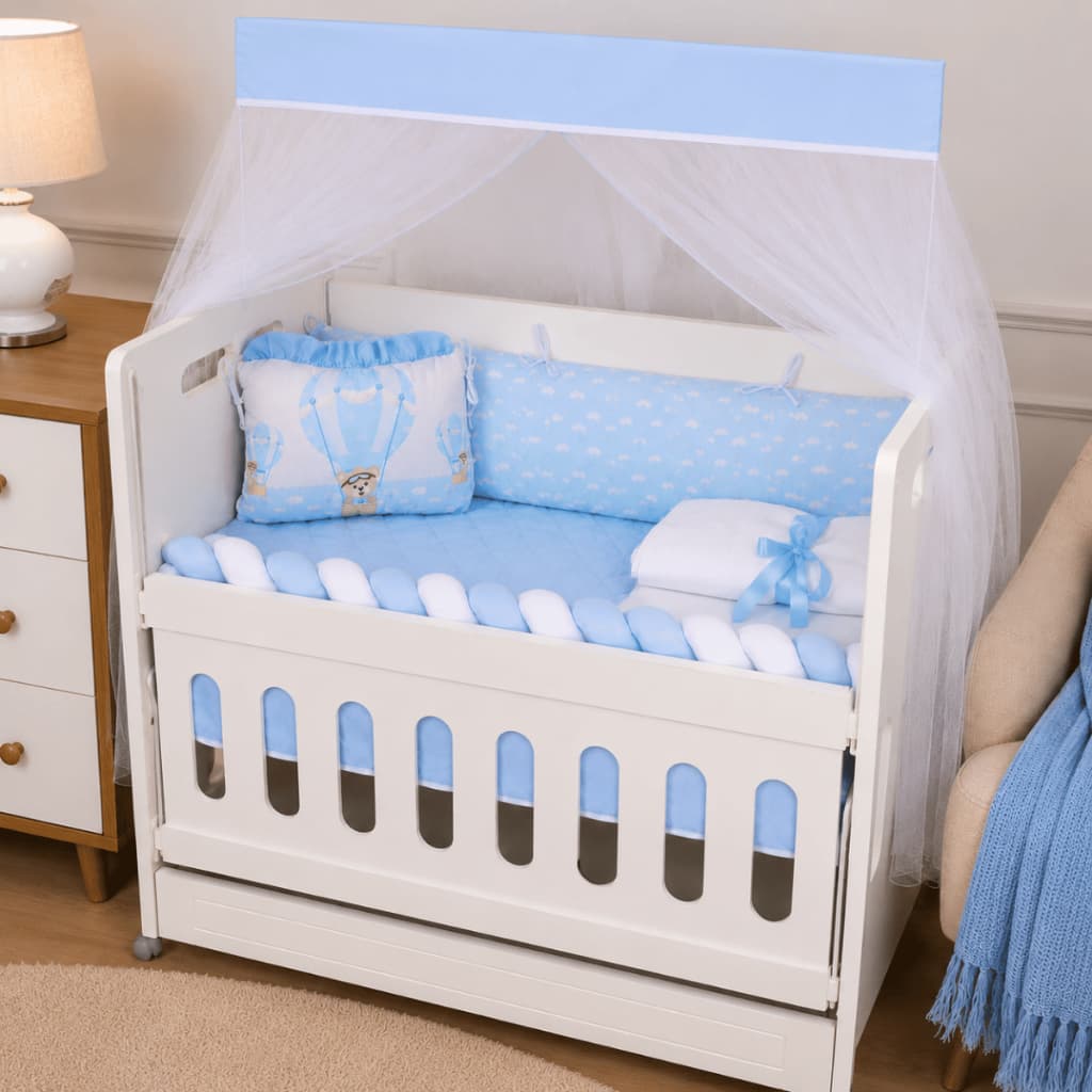Kit Mini Berço Bebê Menino Balão Azul Enxoval Completo 10 Peças com Mosquiteiro Trança Protetor Bebê