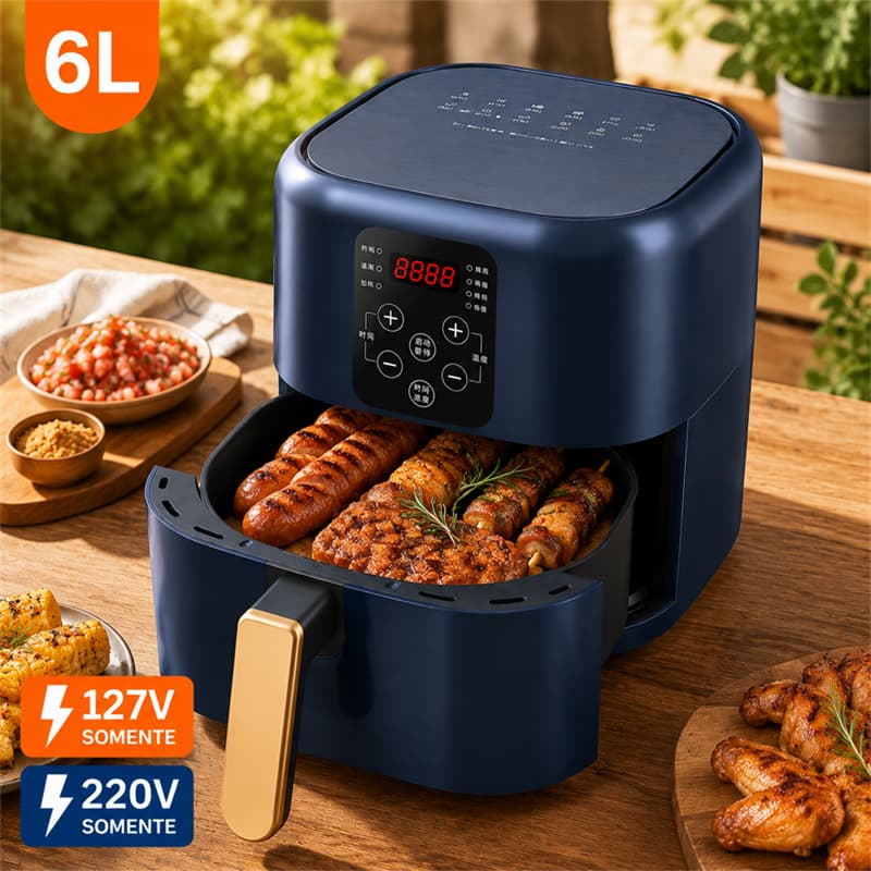 Fritadeira sem Óleo Air Fryer 1400W 6 Litros Antiaderente Inox 127V 220V Grande Cozinha Doméstica Saudável com Cesta