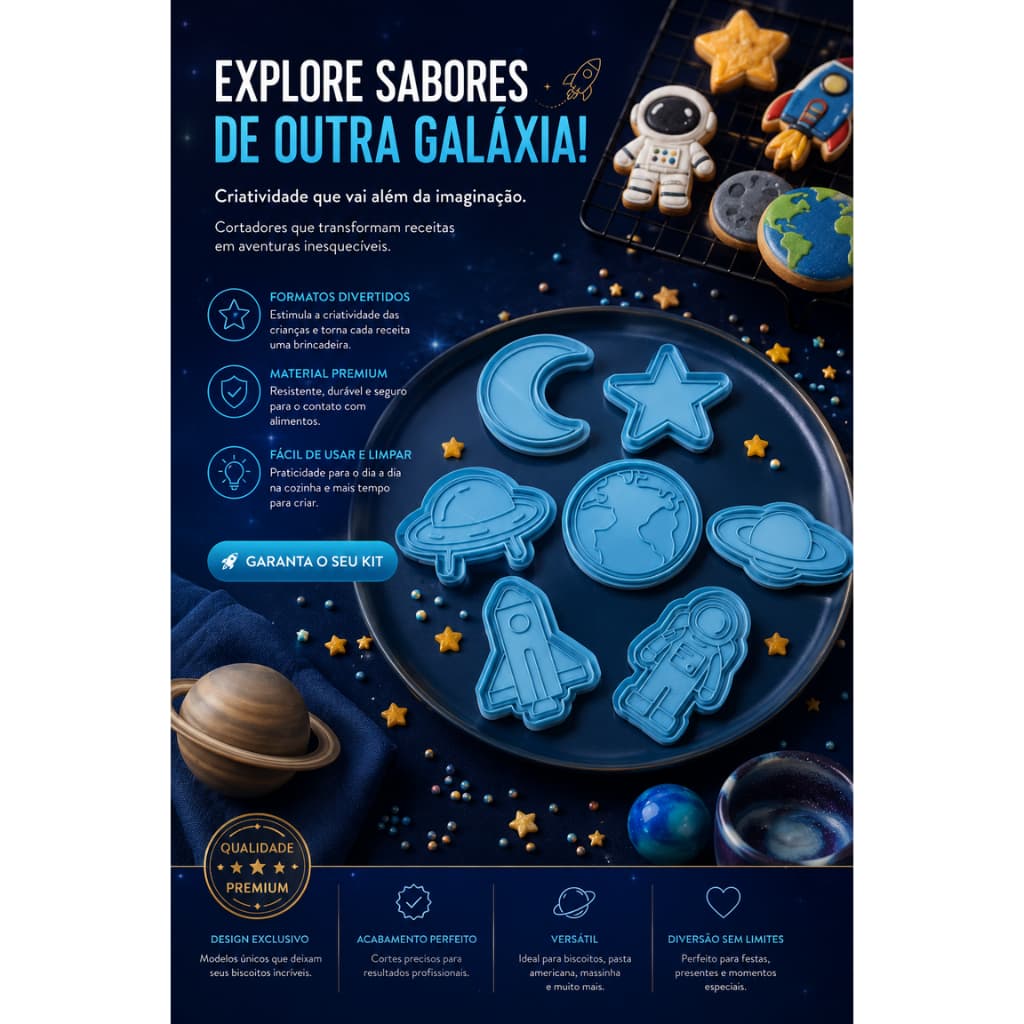 Kit Cortadores Espaço | Biscoitos | Cookies | Pasta Americana | Massinha de Modelar – 7 Unidades