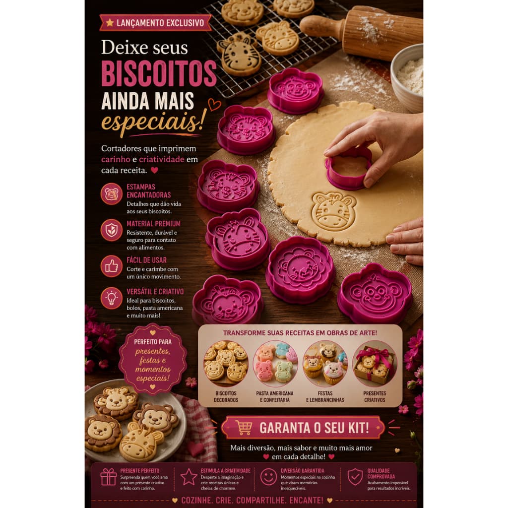 Kit Cortadores Safari | Biscoitos | Cookies | Pasta Americana | Massinha de Modelar – 5 Unidades
