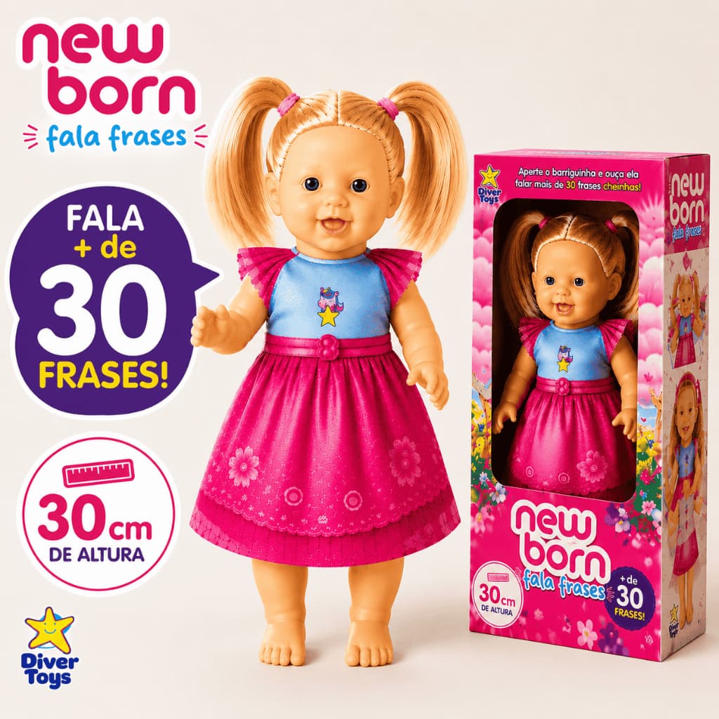 Boneca Que Fala 30 Frases 28cm com Cabelo de Verdade Loiro Articulada Roupinha Bebê Reborn New Born