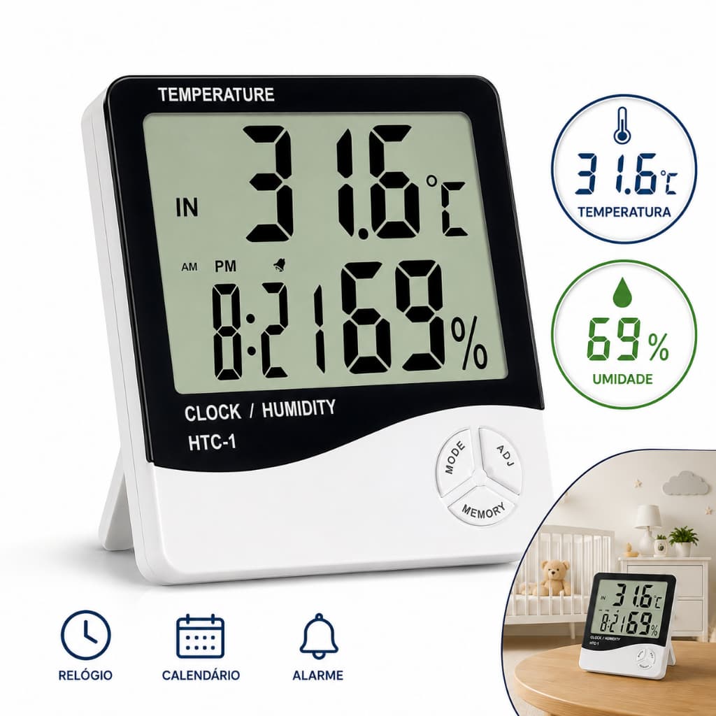 Termômetro Higrômetro Digital HTC-1 Medidor de Temperatura Umidade e Relógio