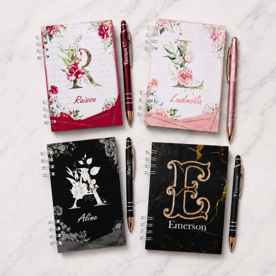 Kit Presente Caderneta Personalizada + Caneta com Nome + Saco Organza Diversas Capas Brinde Agenda