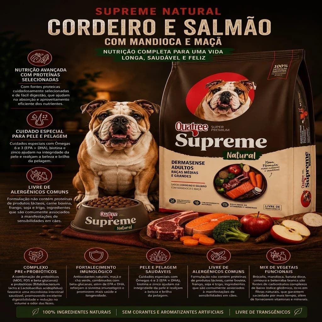 Quatree 15Kg Supreme Dermato Cordeiro e Salmão Pele e Pelagem Super Premium Raçâo Para Cachorro
