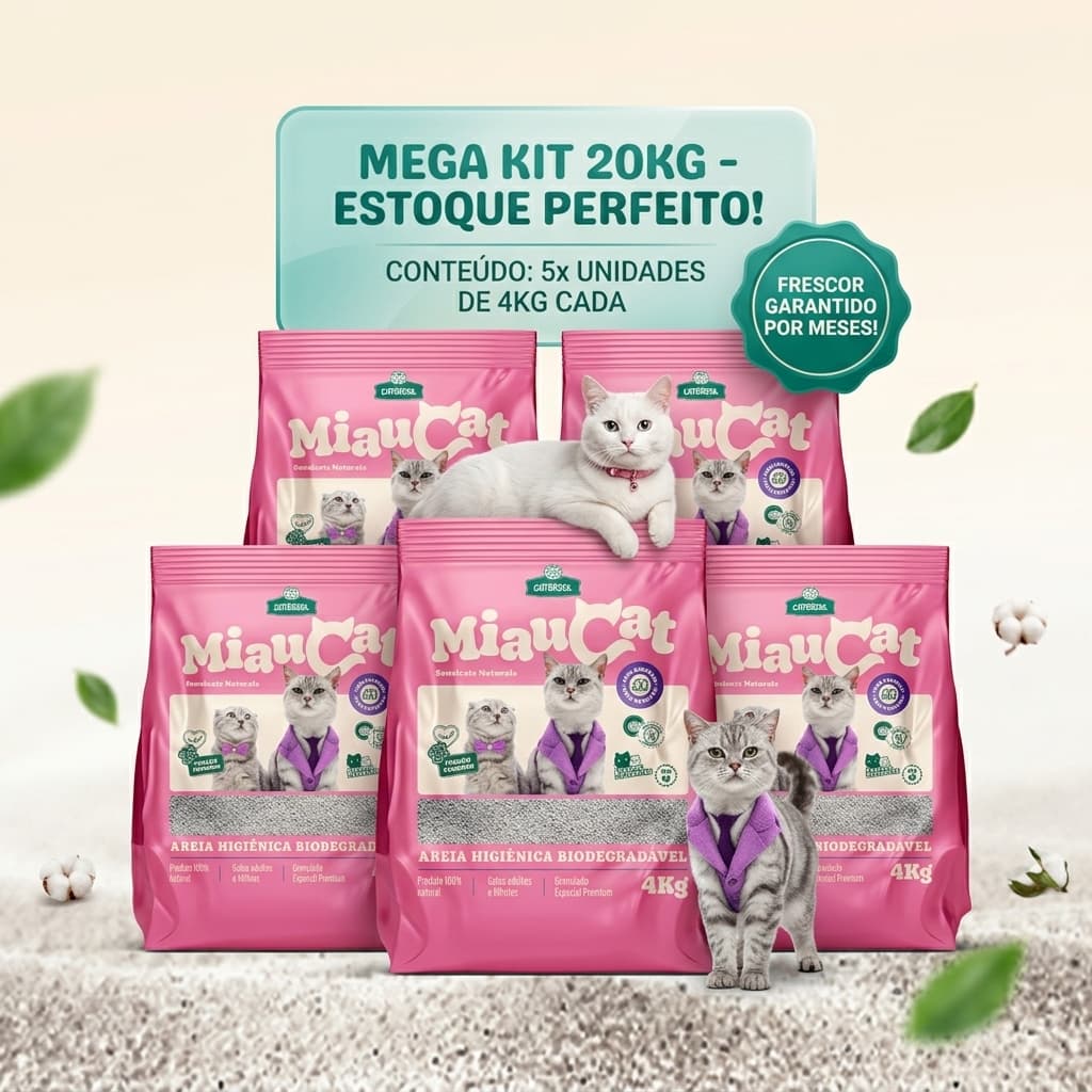 Kit 20kg Areia Higiênica Sanitária Premium MiauCat 5x4kg Sem Perfume Torrão Extra Firme Natural